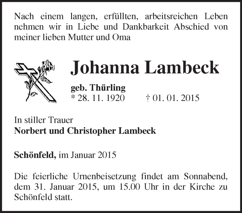 Traueranzeigen von Johanna Lambeck Märkische Onlinezeitung Trauerportal