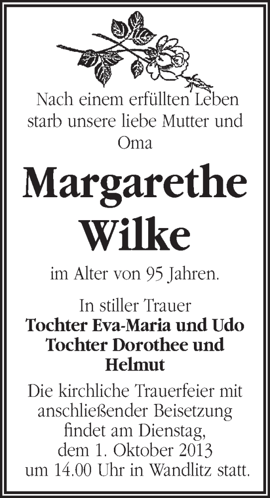 Traueranzeigen von Margarethe Wilke Märkische Onlinezeitung Trauerportal