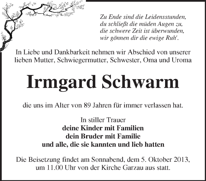  Traueranzeige für Irmgard Schwarm vom 28.09.2013 aus Märkische Oderzeitung