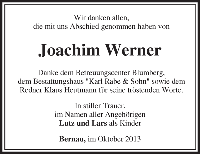 Traueranzeigen von Joachim Werner Märkische Onlinezeitung Trauerportal