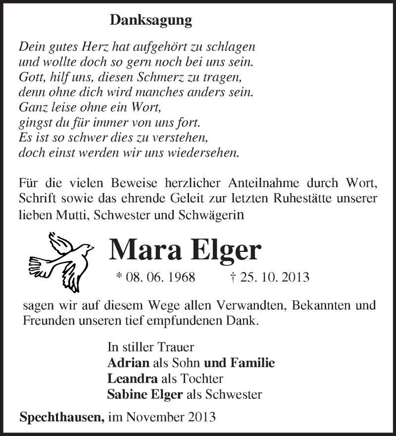  Traueranzeige für Mara Elger vom 11.12.2013 aus Märkische Oderzeitung