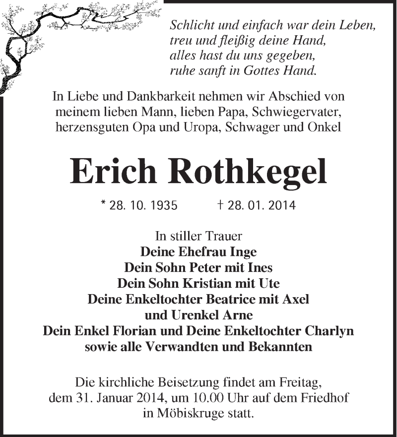  Traueranzeige für Erich Rothkegel vom 30.01.2014 aus Märkische Oderzeitung