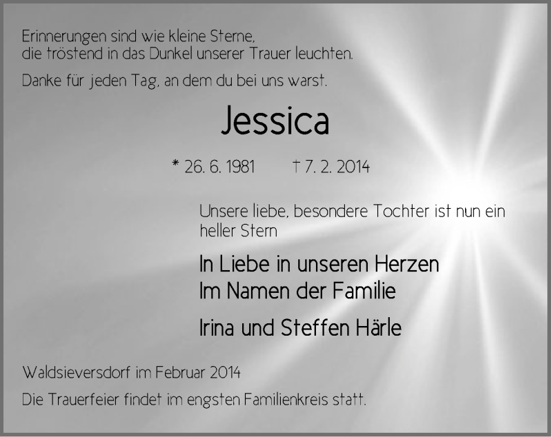  Traueranzeige für Jessica  vom 15.02.2014 aus Märkische Oderzeitung