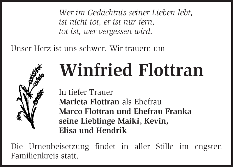  Traueranzeige für Winfried Flottran vom 22.03.2014 aus Märkische Oderzeitung