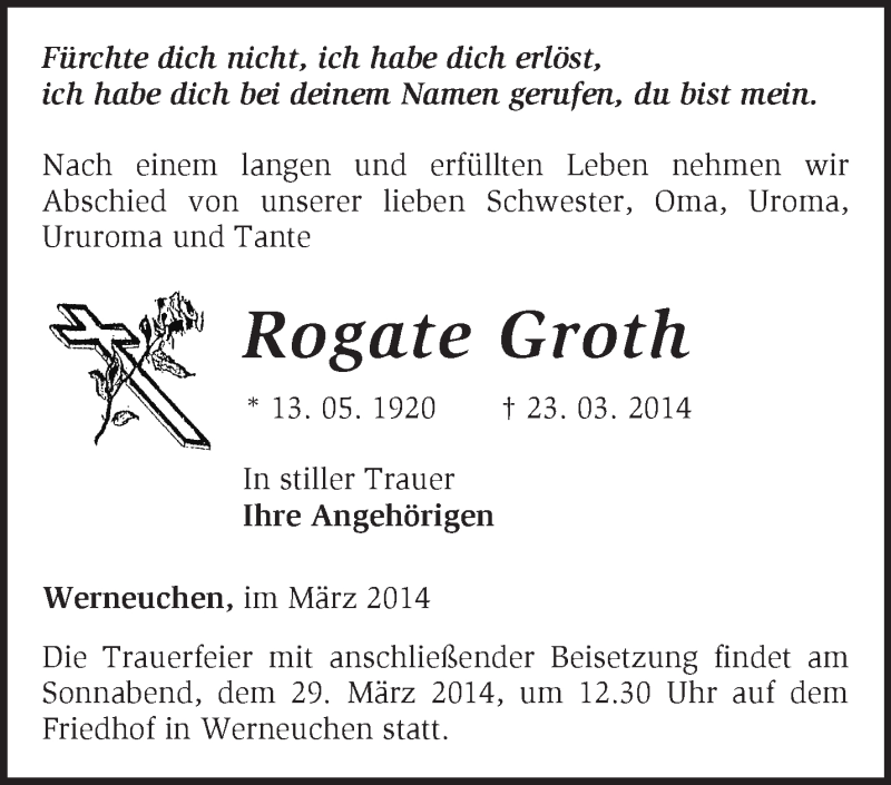  Traueranzeige für Rogate Groth vom 27.03.2014 aus Märkische Oderzeitung