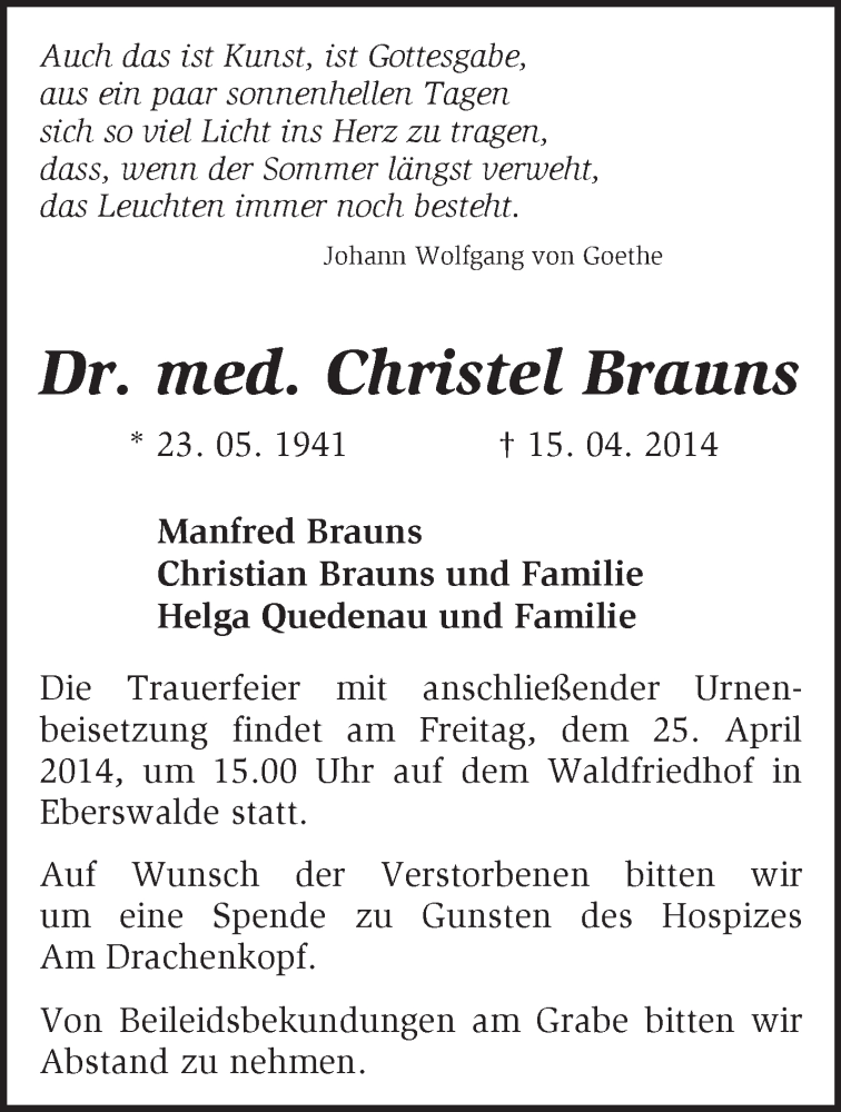  Traueranzeige für Christel Brauns vom 19.04.2014 aus Märkische Oderzeitung