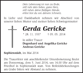 Traueranzeige von Gerda Gericke von Märkische Oderzeitung