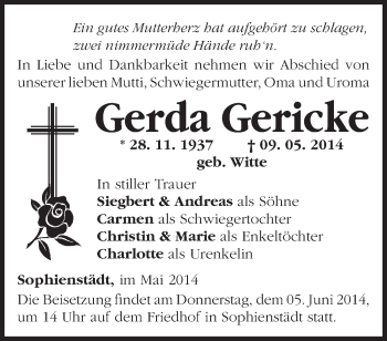 Traueranzeige von Gerda Gericke von Märkische Oderzeitung