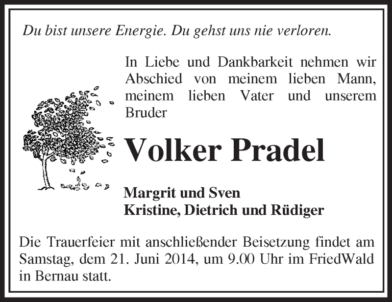  Traueranzeige für Volker Pradel vom 07.06.2014 aus Märkische Oderzeitung