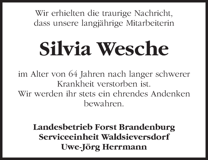 Traueranzeigen von Silvia Wesche Märkische Onlinezeitung Trauerportal