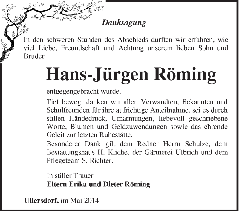  Traueranzeige für Hans-Jürgen Röming vom 07.06.2014 aus Märkische Oderzeitung