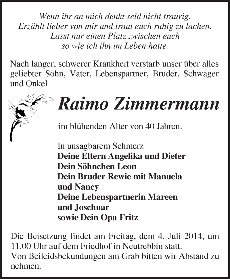  Traueranzeige für Raimo Zimmermann vom 28.06.2014 aus Märkische Oderzeitung