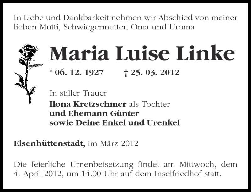 Traueranzeigen von Maria Luise Linke Märkische Onlinezeitung Trauerportal