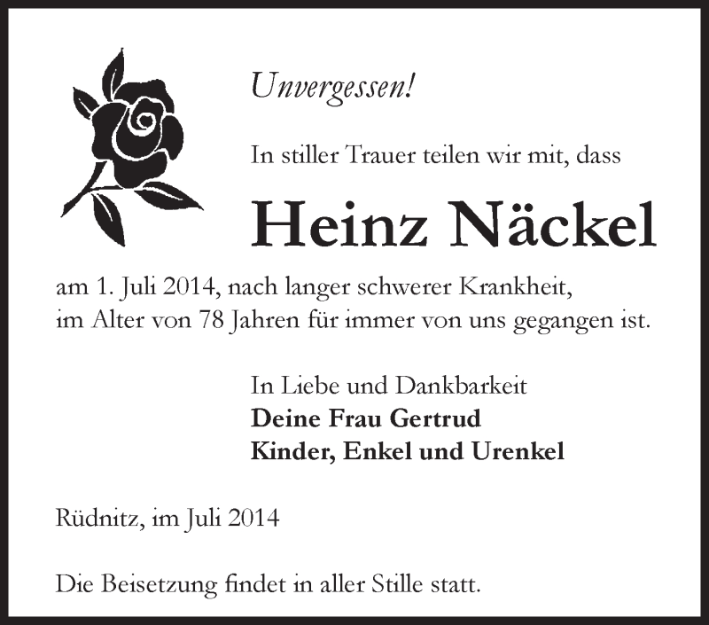  Traueranzeige für Heinz Näckel vom 05.07.2014 aus Märkische Oderzeitung