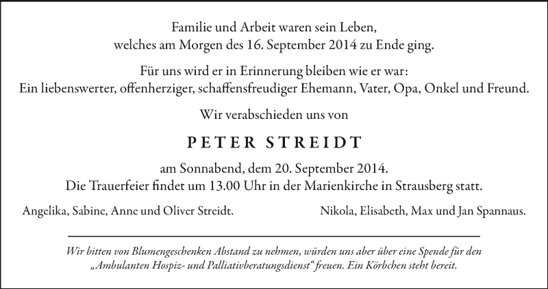  Traueranzeige für Peter Streidt vom 18.09.2014 aus Märkische Oderzeitung