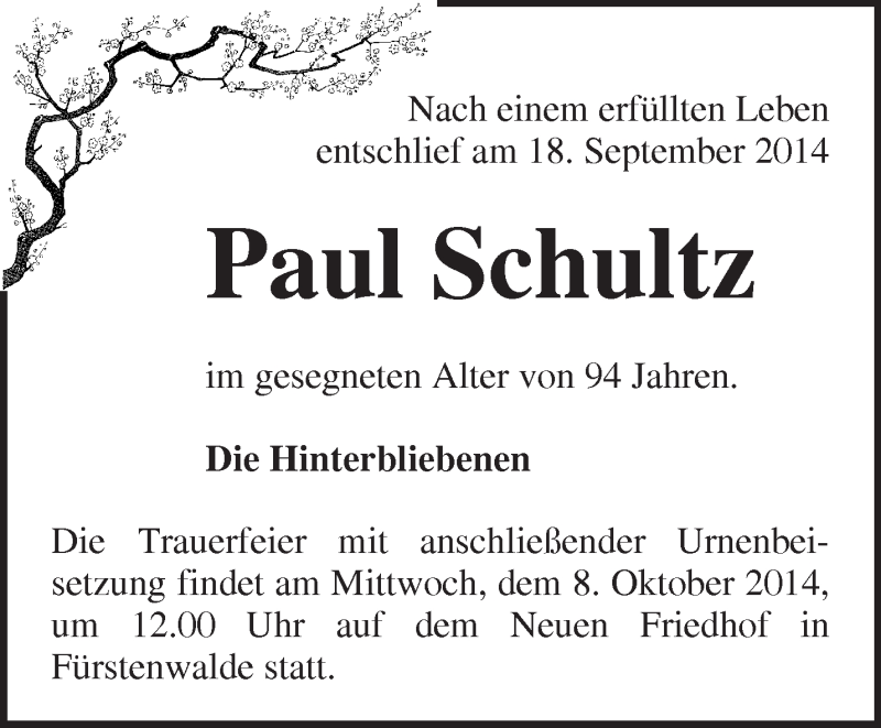 Traueranzeigen von Paul Schultz Märkische Onlinezeitung Trauerportal