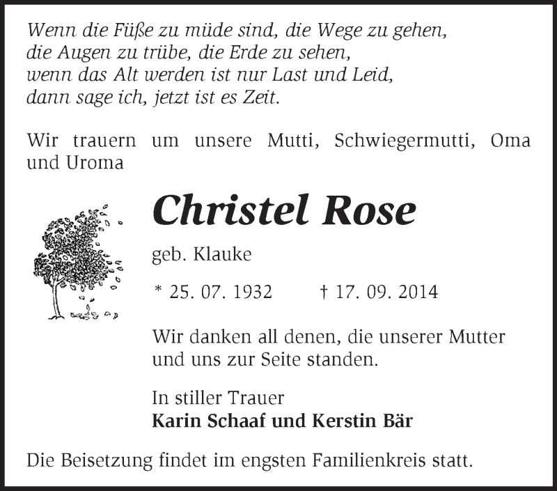  Traueranzeige für Christel Rose vom 27.09.2014 aus Märkische Oderzeitung