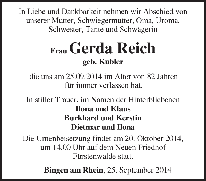  Traueranzeige für Gerda Reich vom 14.10.2014 aus Märkische Oderzeitung