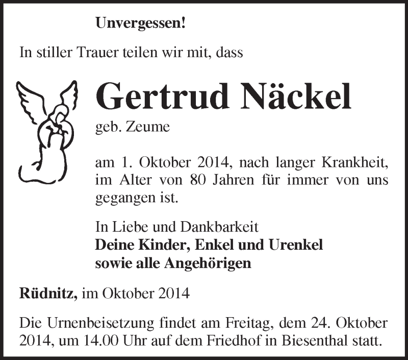  Traueranzeige für Gertrud Näckel vom 11.10.2014 aus Märkische Oderzeitung