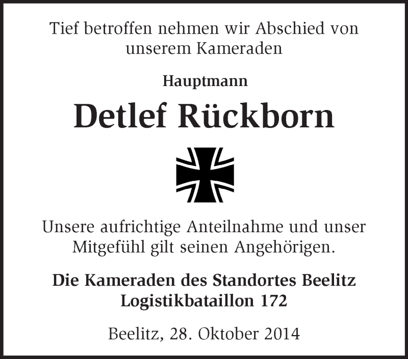 Traueranzeige für Detlef Rückborn vom 28.10.2014 aus Märkische Oderzeitung