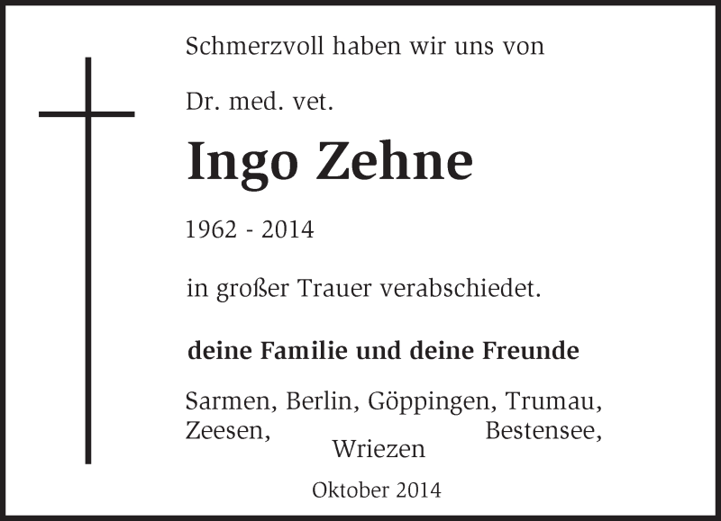  Traueranzeige für Ingo Zehne vom 01.11.2014 aus Märkische Oderzeitung