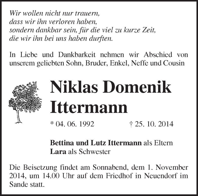  Traueranzeige für Niklas Domenik Ittermann vom 30.10.2014 aus Märkische Oderzeitung