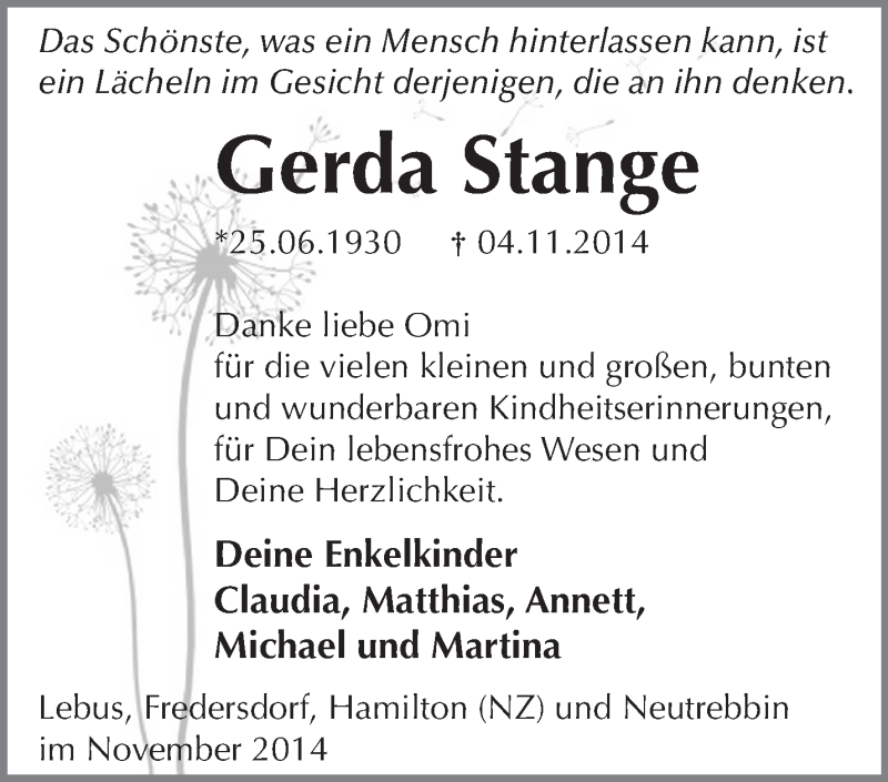  Traueranzeige für Gerda Stange vom 22.11.2014 aus Märkische Oderzeitung