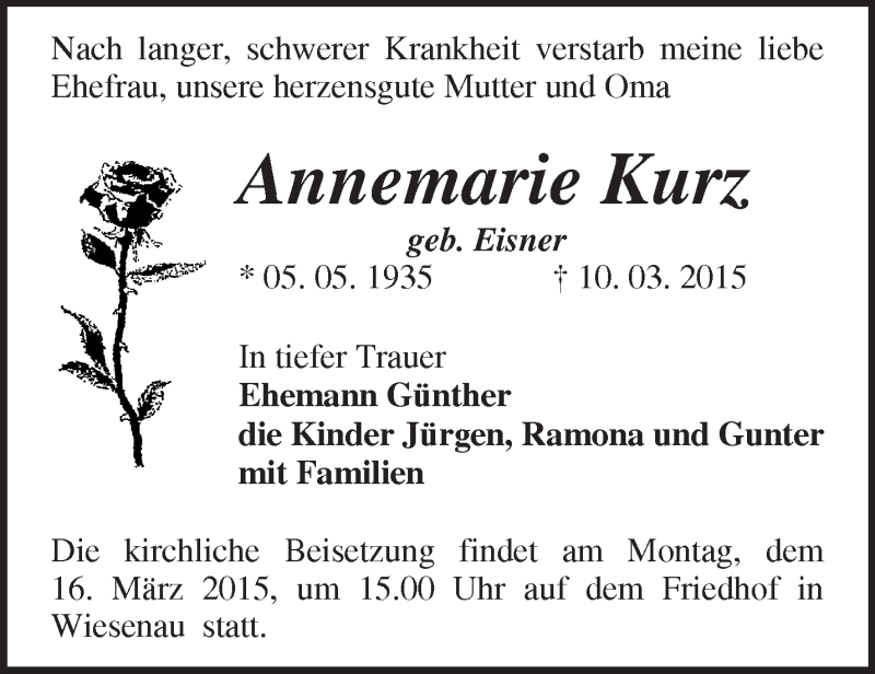  Traueranzeige für Annemarie Kurz vom 14.03.2015 aus Märkische Oderzeitung