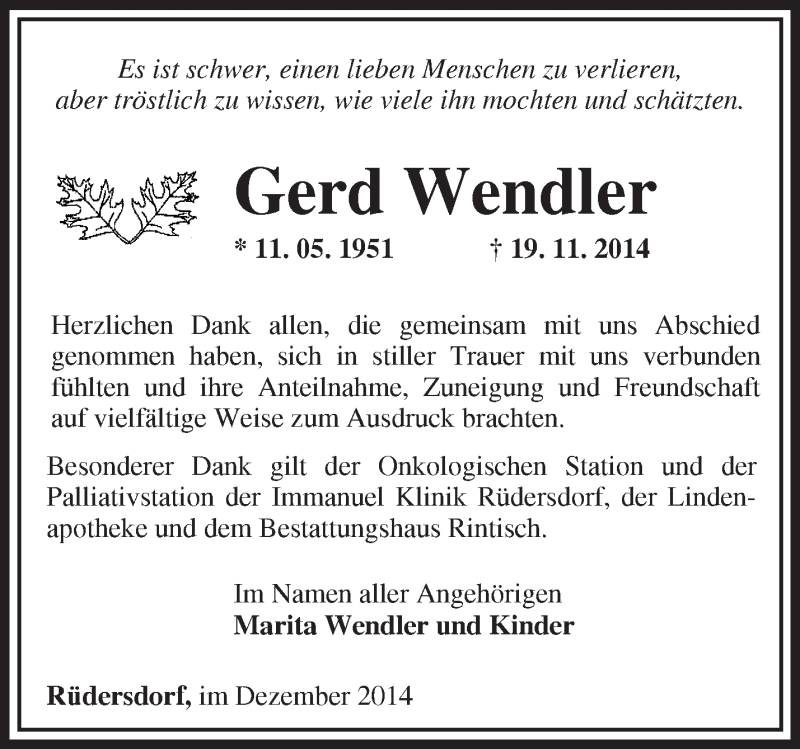 Traueranzeigen Von Gerd Wendler M Rkische Onlinezeitung Trauerportal