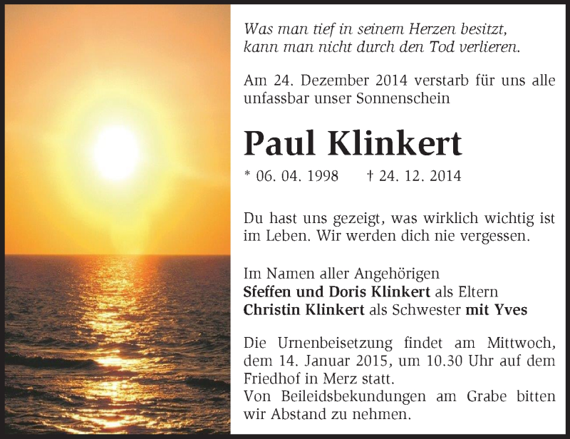  Traueranzeige für Paul  Klinkert vom 05.01.2015 aus Märkische Oderzeitung