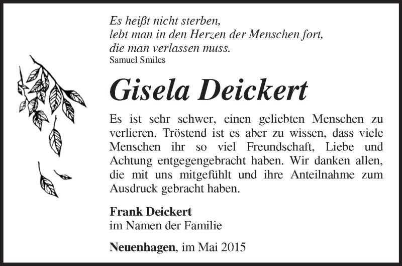  Traueranzeige für Gisela Deickert vom 30.05.2015 aus Märkische Oderzeitung