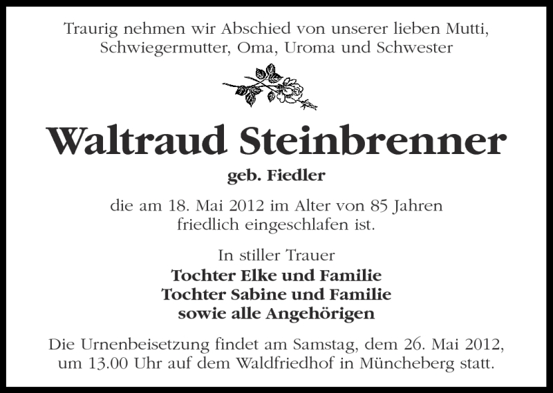  Traueranzeige für Waltraud Steinbrenner vom 23.05.2012 aus Märkische Oderzeitung