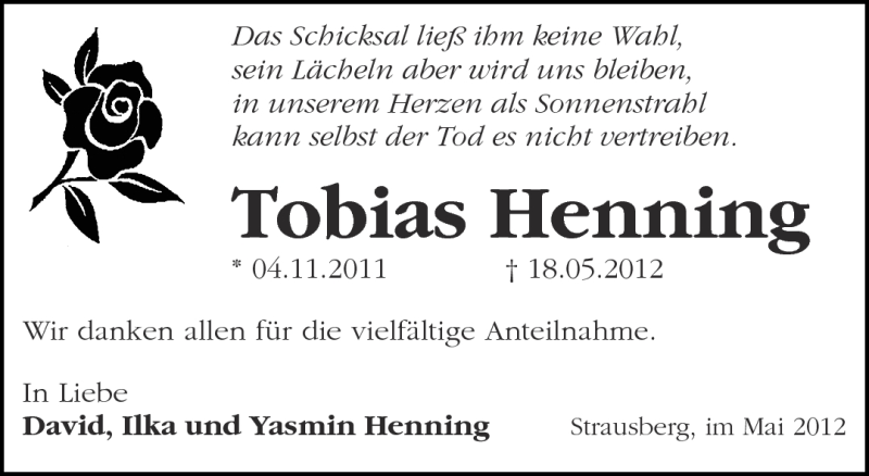  Traueranzeige für Tobias Henning vom 09.06.2012 aus Märkische Oderzeitung