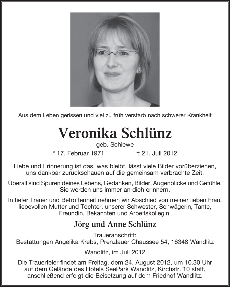  Traueranzeige für Veronika Schlünz vom 28.07.2012 aus Märkische Oderzeitung