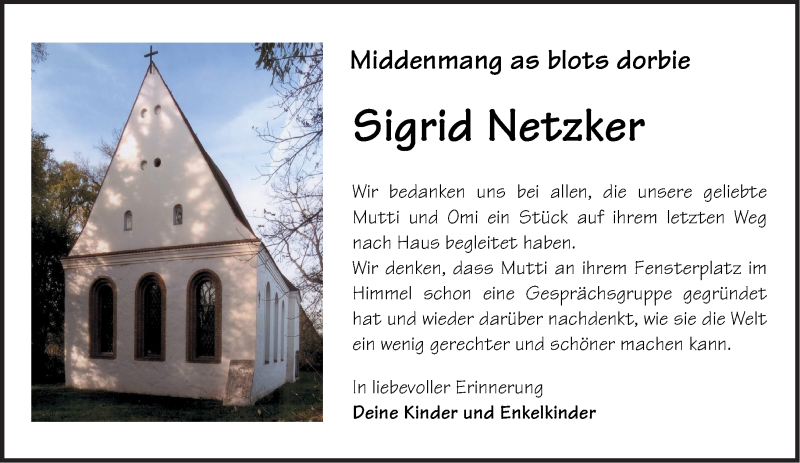  Traueranzeige für Sigrid Netzker vom 06.06.2015 aus Märkische Oderzeitung
