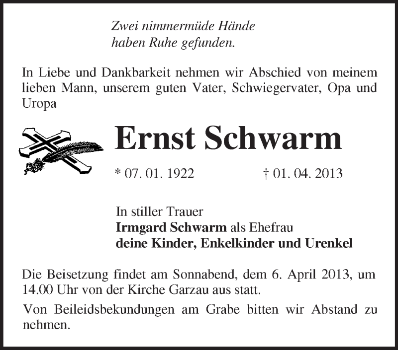  Traueranzeige für Ernst Schwarm vom 03.04.2013 aus Märkische Oderzeitung