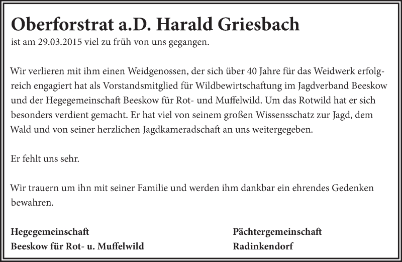  Traueranzeige für Harald Griesbach vom 16.04.2015 aus Märkische Oderzeitung
