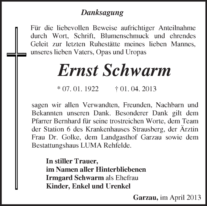  Traueranzeige für Ernst Schwarm vom 13.04.2013 aus Märkische Oderzeitung