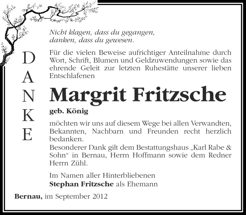 Traueranzeigen Von Margrit Fritzsche M Rkische Onlinezeitung Trauerportal