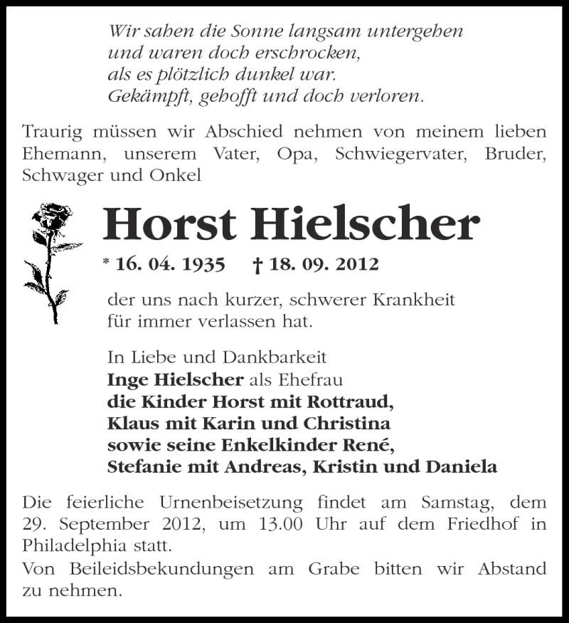  Traueranzeige für Horst Hielscher vom 22.09.2012 aus Märkische Oderzeitung
