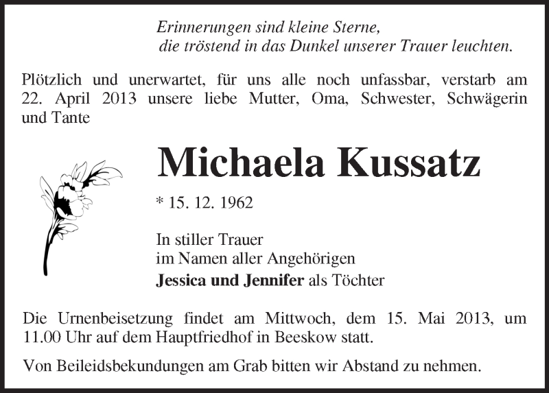  Traueranzeige für Michaela Kussatz vom 27.04.2013 aus Märkische Oderzeitung