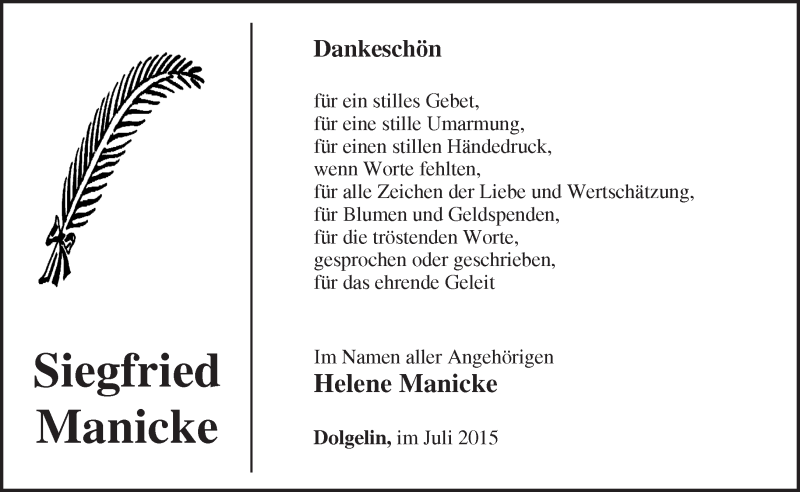  Traueranzeige für Siegfried Manicke vom 18.07.2015 aus Märkische Oderzeitung
