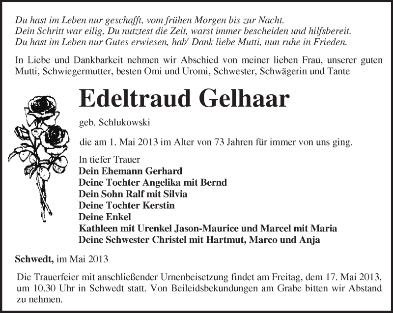  Traueranzeige für Edeltraud Gelhaar vom 04.05.2013 aus Märkische Oderzeitung