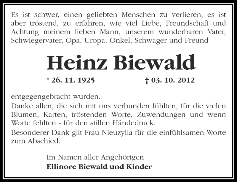  Traueranzeige für Heinz Biewald vom 27.10.2012 aus Märkische Oderzeitung