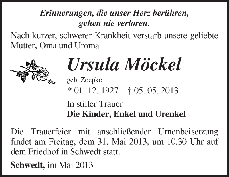 Traueranzeigen Von Ursula M Ckel M Rkische Onlinezeitung Trauerportal