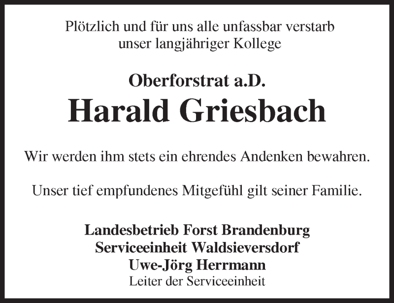  Traueranzeige für Harald Griesbach vom 18.04.2015 aus Märkische Oderzeitung
