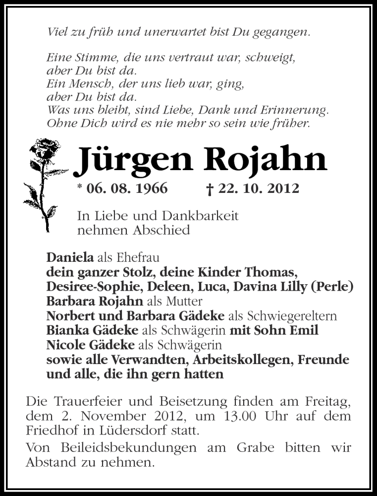  Traueranzeige für Jürgen Rojahn vom 30.10.2012 aus Märkische Oderzeitung