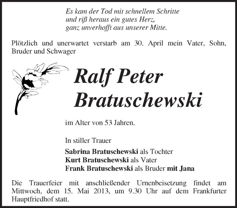  Traueranzeige für Ralf Peter Bratuschewski vom 11.05.2013 aus Märkische Oderzeitung