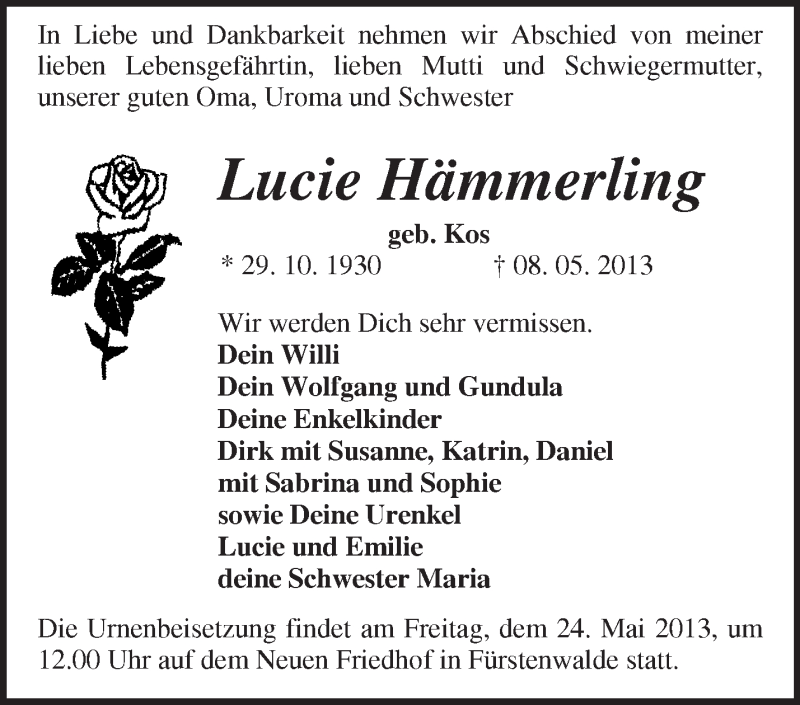 Traueranzeigen Von Lucie H Mmerling M Rkische Onlinezeitung Trauerportal