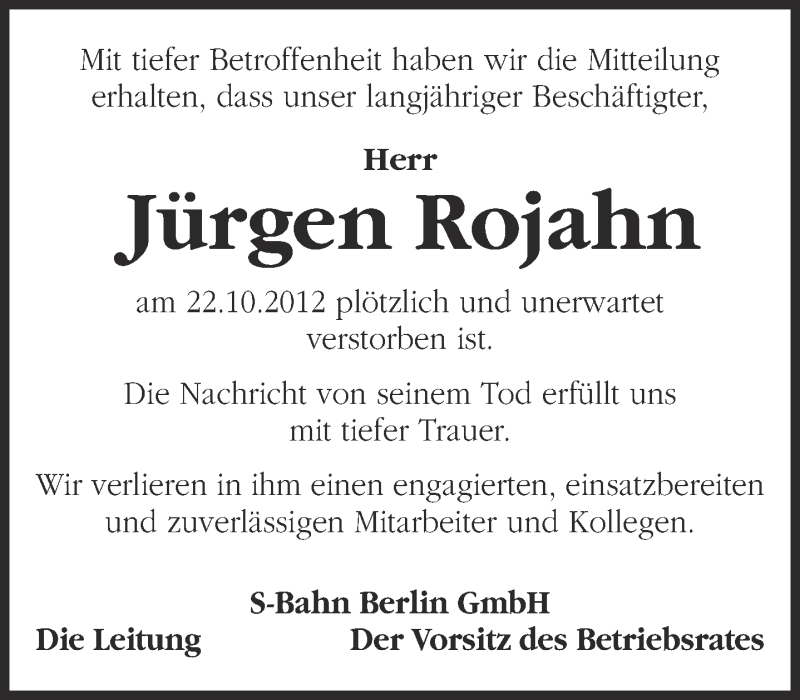  Traueranzeige für Jürgen Rojahn vom 13.11.2012 aus Märkische Oderzeitung